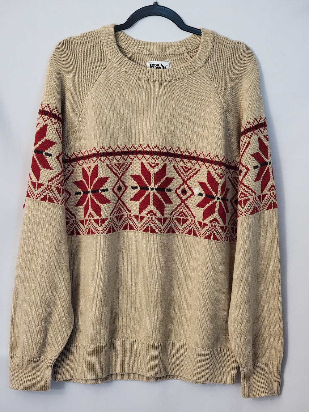 NWT Eddie Bauer Tan Fair Isle Crewneck Sweater W/Red Pattern Size L